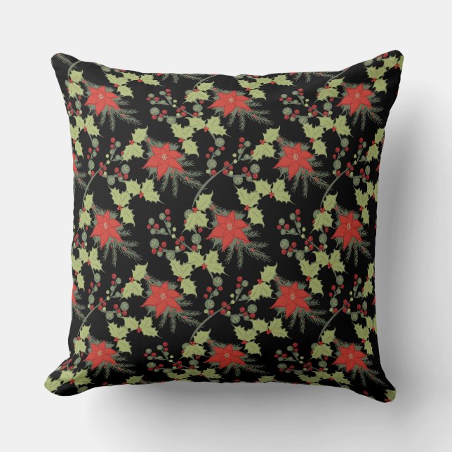 Coussin Poinsettias & Holly sur Noir | Vacances (Recto)
