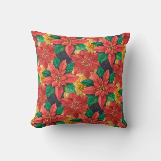 Coussin Poinsettias Rouge et Or Noël de Noël (Recto)