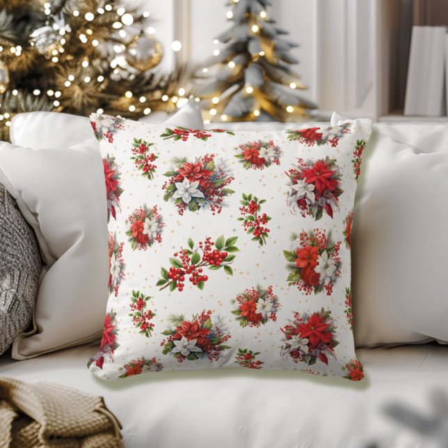 Coussin Poinsettias vintages Et Blanc Vraiment Noël (Créateur téléchargé)