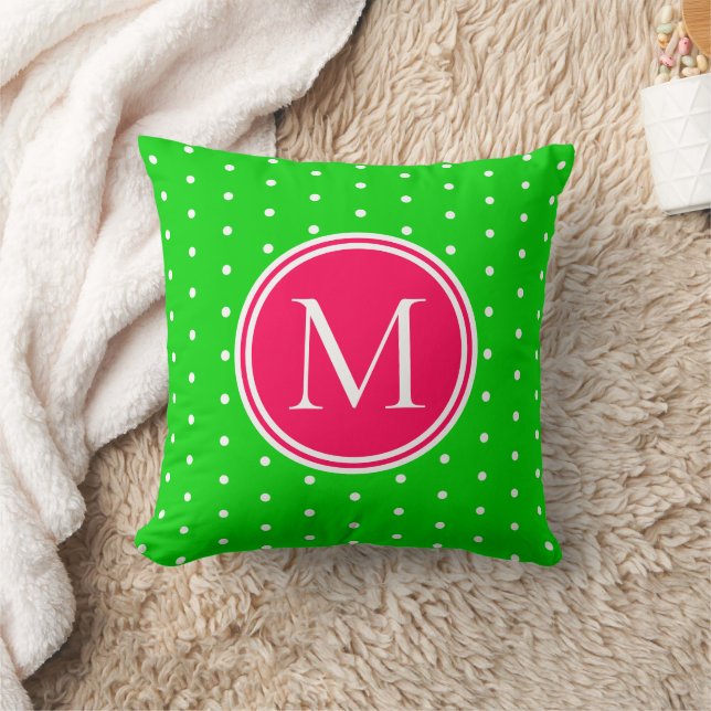 Coussin Point Polka vert et blanc avec monogramme rose (Couverture)