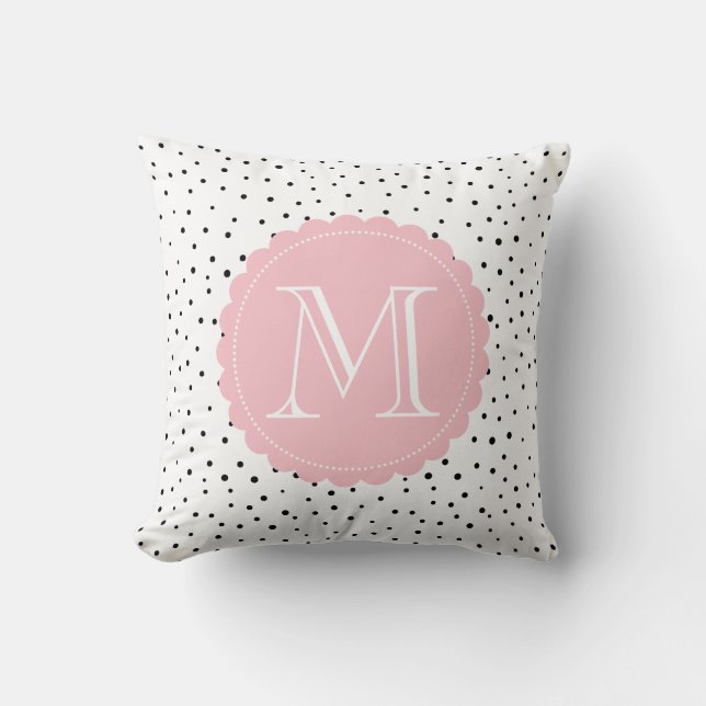 Coussin Points Confetti noirs et blancs Monogramme rose pâ (Recto)