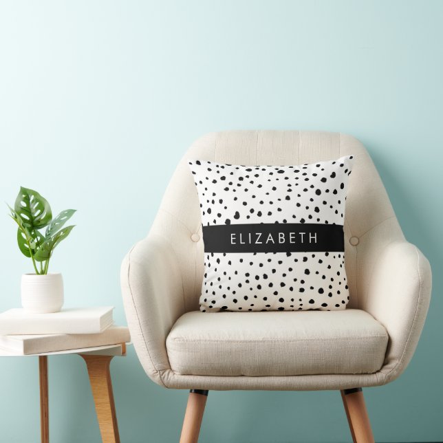 Coussin Points dalmatiens, Spots, Noir et Blanc, Votre nom (Chaise)
