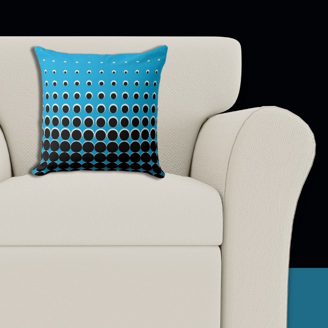 Coussin Points demi-teintes bleus et noirs modernes (Pillow, Blue and Black Halftone Pattern)