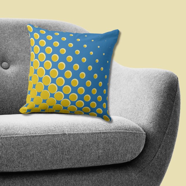 Coussin Points demi-teintes géométriques jaune bleu (Geometric Yellow Blue Halftone Dots Throw Pillow)