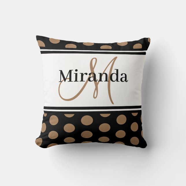 Coussin Points Marron Blanc Rayure Noir Monogramme (Recto)