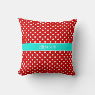 Coussin Points rouges blancs Aqua lumineux Monogramme de n