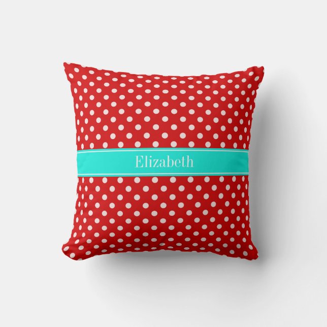 Coussin Points rouges blancs Aqua lumineux Monogramme de n (Recto)