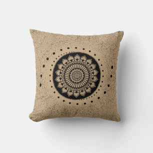 Coussin Points spiraux et fleurs Henné noir Mandala