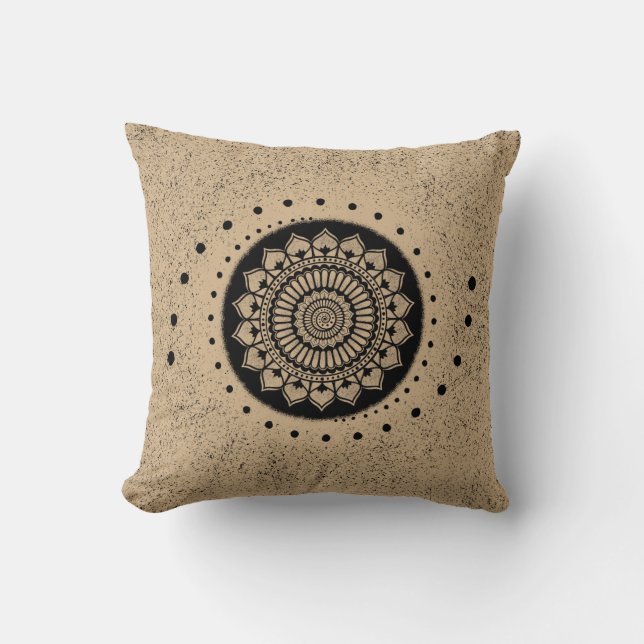 Coussin Points spiraux et fleurs Henné noir Mandala (Recto)