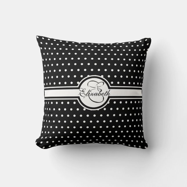Coussin Pois blancs élégants sur Monogramme noir (Recto)