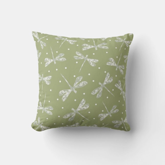 Coussin Pois blancs et libellules vert olive (Recto)