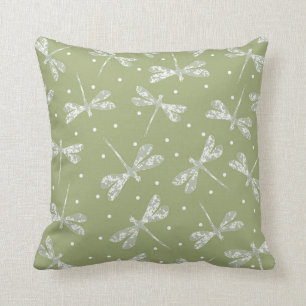 Coussin Pois blancs et libellules vert olive