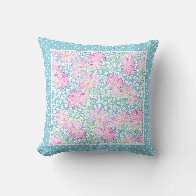 Coussin Pois blancs, Roses roses, Papillons blancs (Recto)