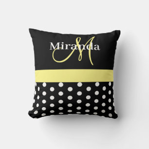 Coussin Pois de script de monogramme jaune noir