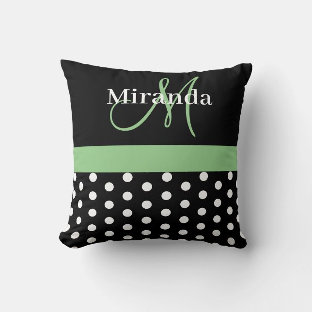 Coussin Pois de script de monogramme noir blanc vert (Recto)