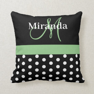 Coussin Pois de script de monogramme noir blanc vert