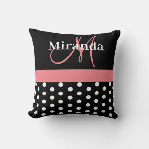 Coussin Pois de script de monogramme rose noir blanc