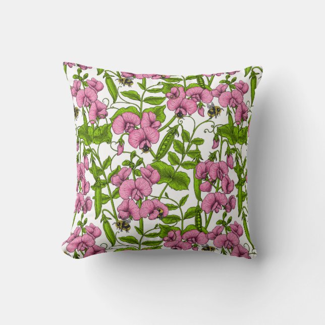 Coussin Pois doux et bourdons, rose, vert et blanc (Recto)