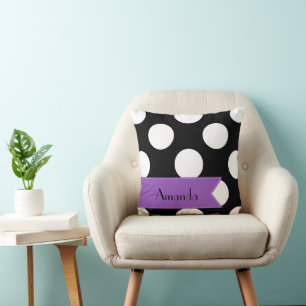 Coussin Pois noirs et blancs, pointillés, Votre nom