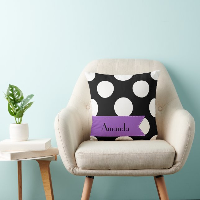Coussin Pois noirs et blancs, pointillés, Votre nom (Chaise)