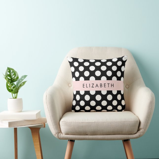 Coussin Pois noirs et blancs, pointillés, Votre nom (Chaise)
