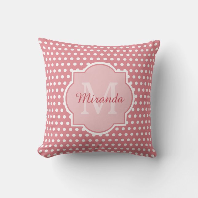 Coussin Pois roses mignons avec Monogramme et nom (Recto)