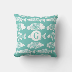 Coussin Poisson à motifs floraux blanc côtier   Monogramme