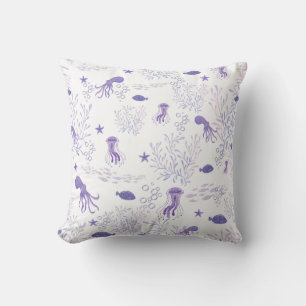 Coussin Poisson à Vie marine blanche violet poulpe méduse