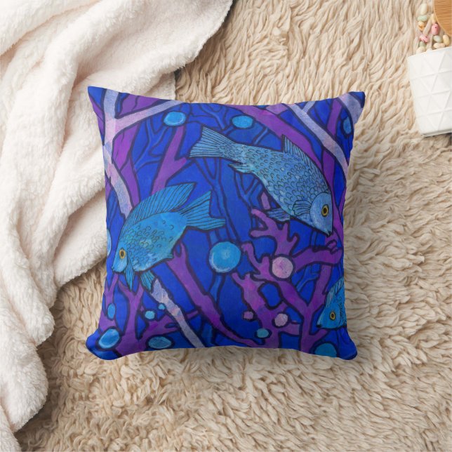 Coussin Poisson bleu dans l'algue, Collage de papier d'art (Couverture)