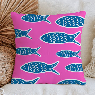 Coussin Poisson bleu sur océan esthétique dopamine rose ch