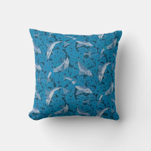 Coussin Poisson bleu vintage et algues : Art Nouveau Nauti