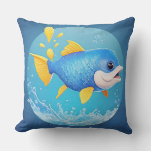 Coussin Poisson de dessin animé vibrant avec éclaboussure
