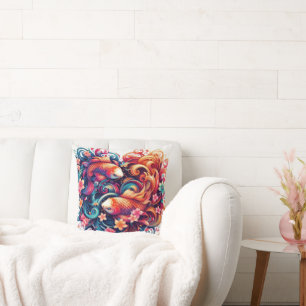 Coussin Poisson koi abstrait oriental vibrant et vagues