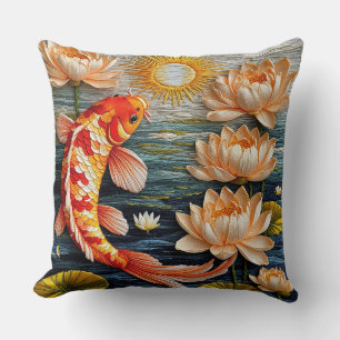 Coussin Poisson Koi entouré de fleurs de Lotus