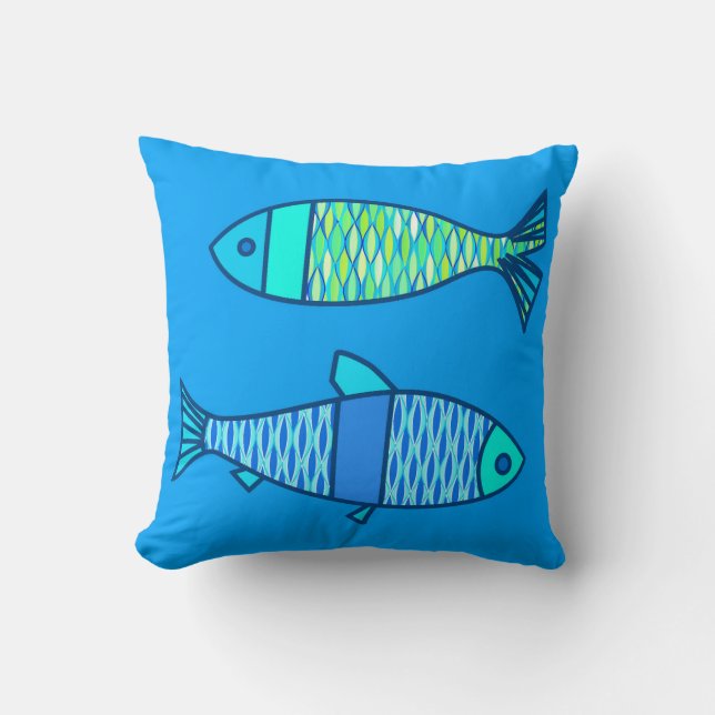 Coussin Poisson moderne rétro, bleu turquoise et cerulean (Recto)