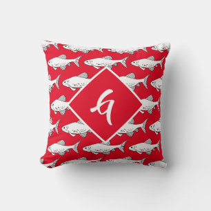Coussin Poisson Motif Monogramme Rouge Minneé