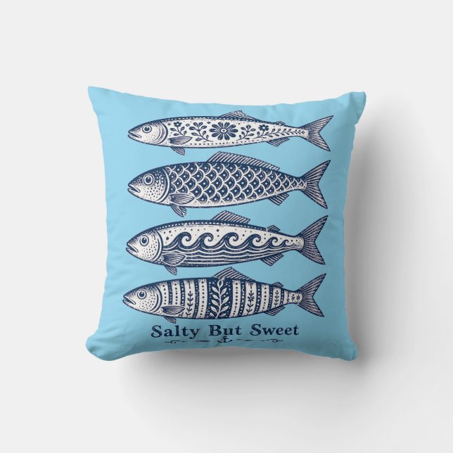 Coussin Poisson Nautique Bleu Clair Doux et Salé (Recto)