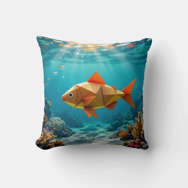Coussin Poisson origami et océan hippique (Recto)