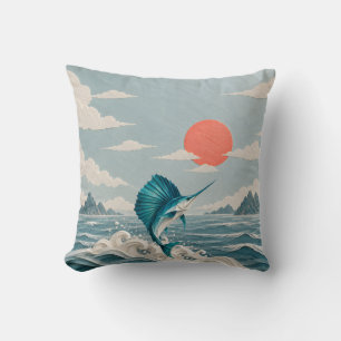Coussin Poisson-Voile Sarcelle Corail Soleil Océan Vagues