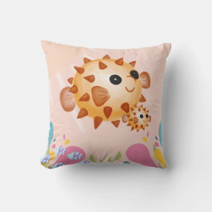Coussin Poissons-bourrons dans une scène d'océan rose,