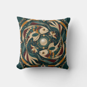 Coussin Poissons Mosaïque Géométrique Sarcelle Bourgogne