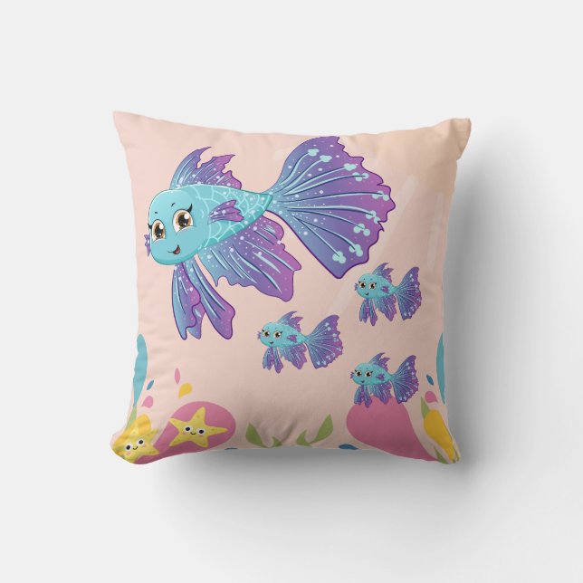 Coussin Poissons violets et bleus dans un décor d'océan ro (Recto)