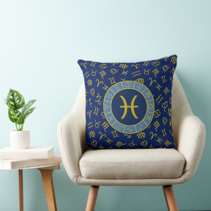 Coussin Poissons Zodiac+Astrologie Symboles Motif Or+Blues