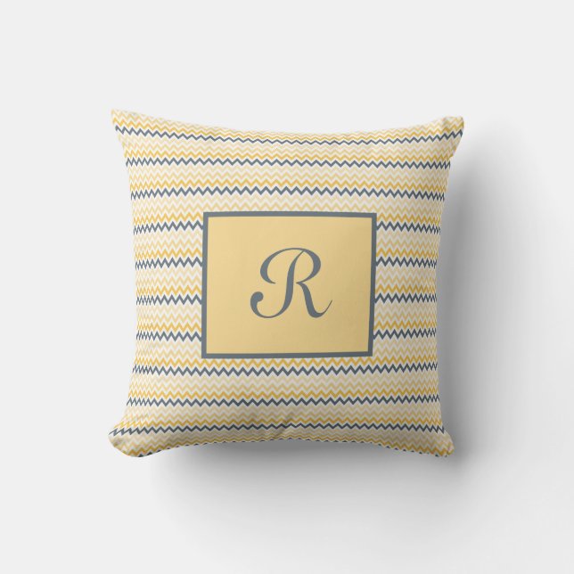 Coussin Police de script monogramme gris jaune Chevron (Recto)