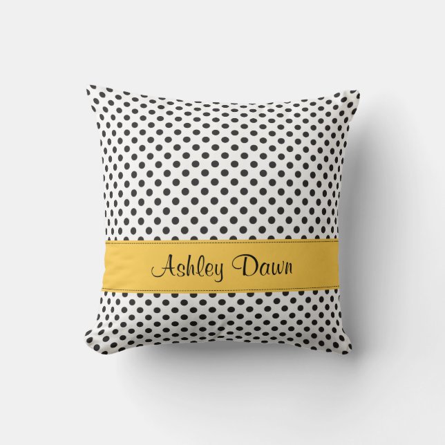Coussin Polka blanc noir personnalisé point jaune (Recto)