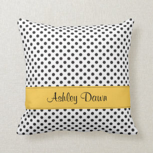Coussin Polka blanc noir personnalisé point jaune
