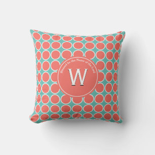 Coussin POLKA DOT Coral Bleu Customisé Monogramme Écriture