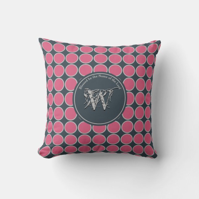 Coussin POLKA DOT rose gris Customisé Écriture monogramme (Recto)