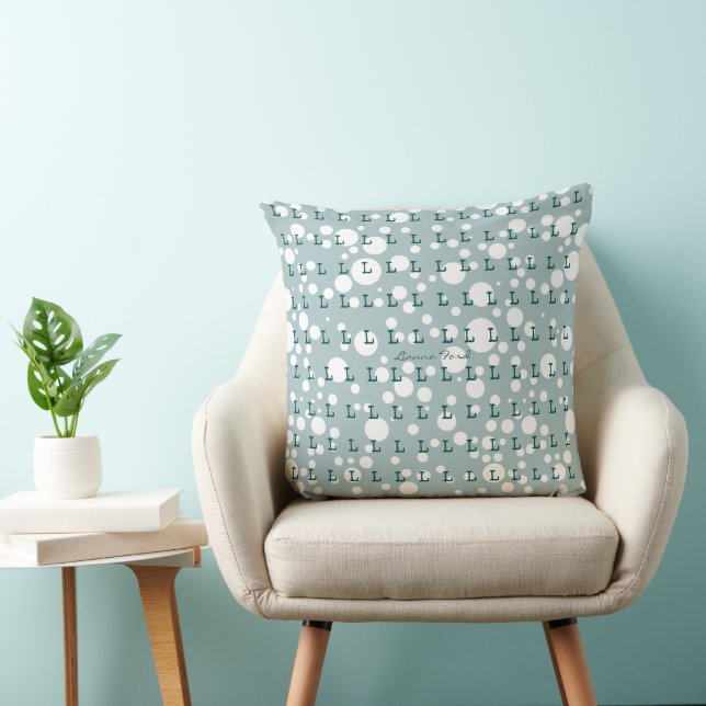 Coussin polka dots & initials pattern light teal (Chaise)