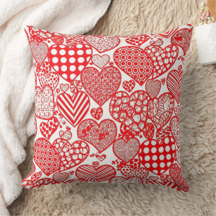 Coussin Polka Romantique Cœur Doodle Rouge Blanc